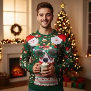 Ugly Christmas Sweater Unisex Sz 2XL 3D Printed Dog‎ Sweatshirt Holidays Stretch